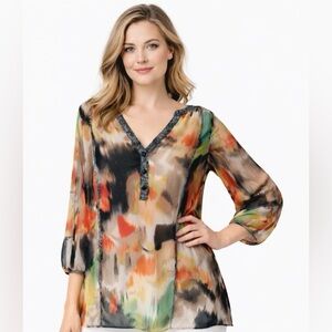 Calvin Klein 1X Blouse Boho Abstract Print Multicolor Chiffon Tunic Top
